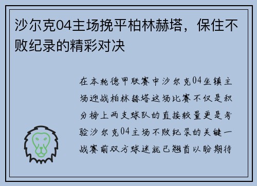 沙尔克04主场挽平柏林赫塔，保住不败纪录的精彩对决