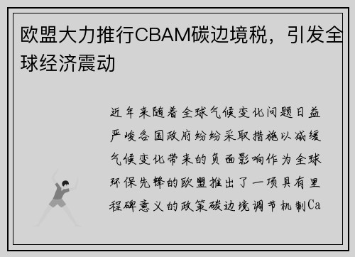 欧盟大力推行CBAM碳边境税，引发全球经济震动